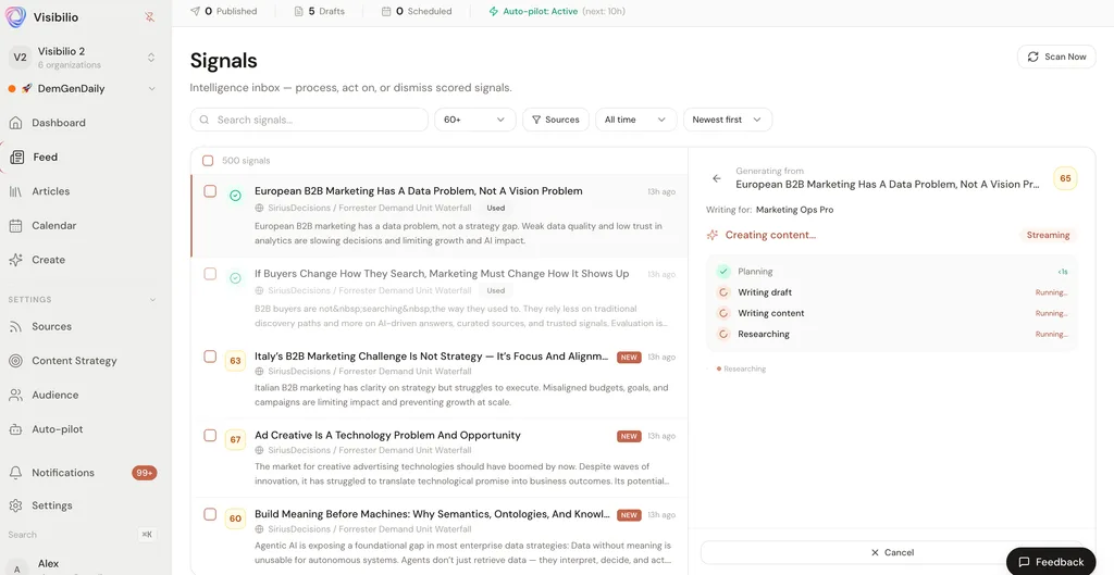 The Visibilio app — the Signals inbox with the agent streaming a draft: planning, writing, and researching.