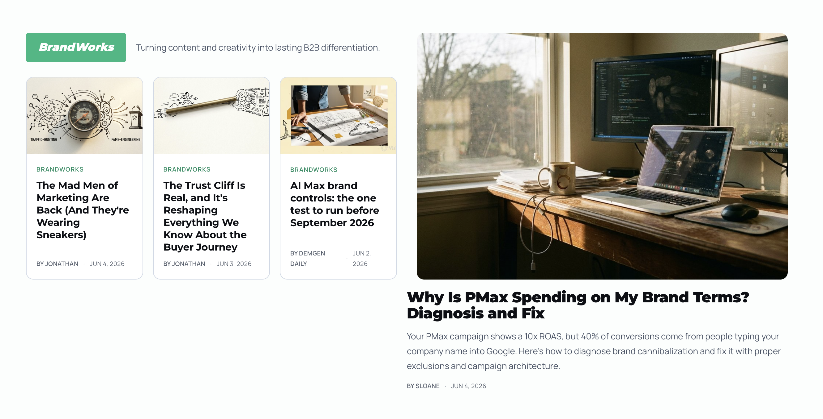 DemGen Daily’s BrandWorks section — one of four daily editorial verticals, calibrated to its own B2B-marketing audience.